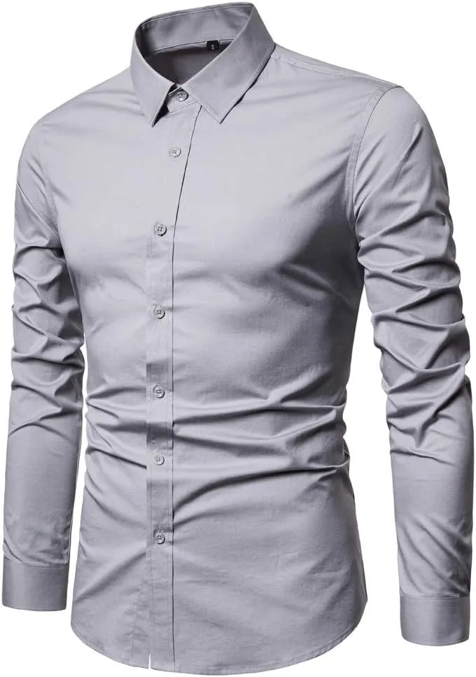 Manwan walk Men's Slim Fit Business Casual Cotton Long Sleeves Solid Button Down Dress Shirts