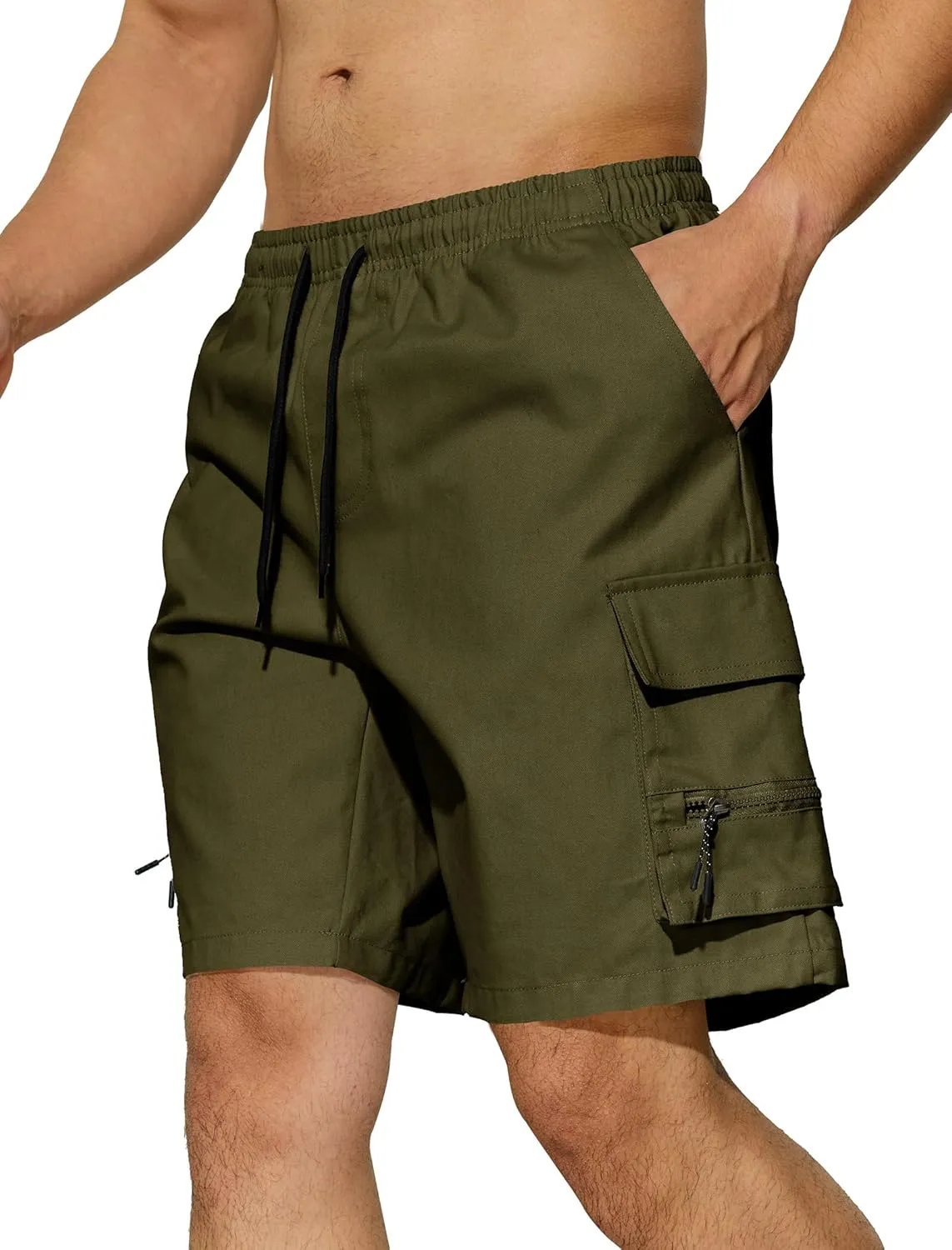 Men's Casual Cargo Shorts Drawstring Elastic Waist Summer Classic Outdoor Stretch Work Shorts with 5 Pockets