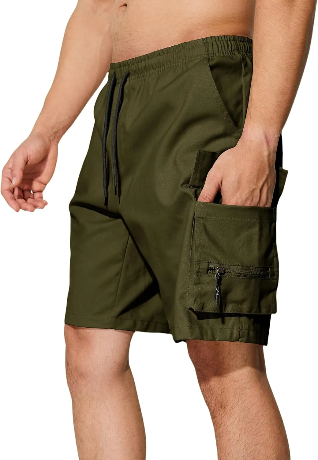 Men's Casual Cargo Shorts Drawstring Elastic Waist Summer Classic Outdoor Stretch Work Shorts with 5 Pockets