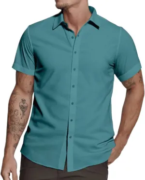 Mens Short Sleeve Dress Shirts Stretch Casual Button Down Shirts Solid Regular Fit Formal Shirt