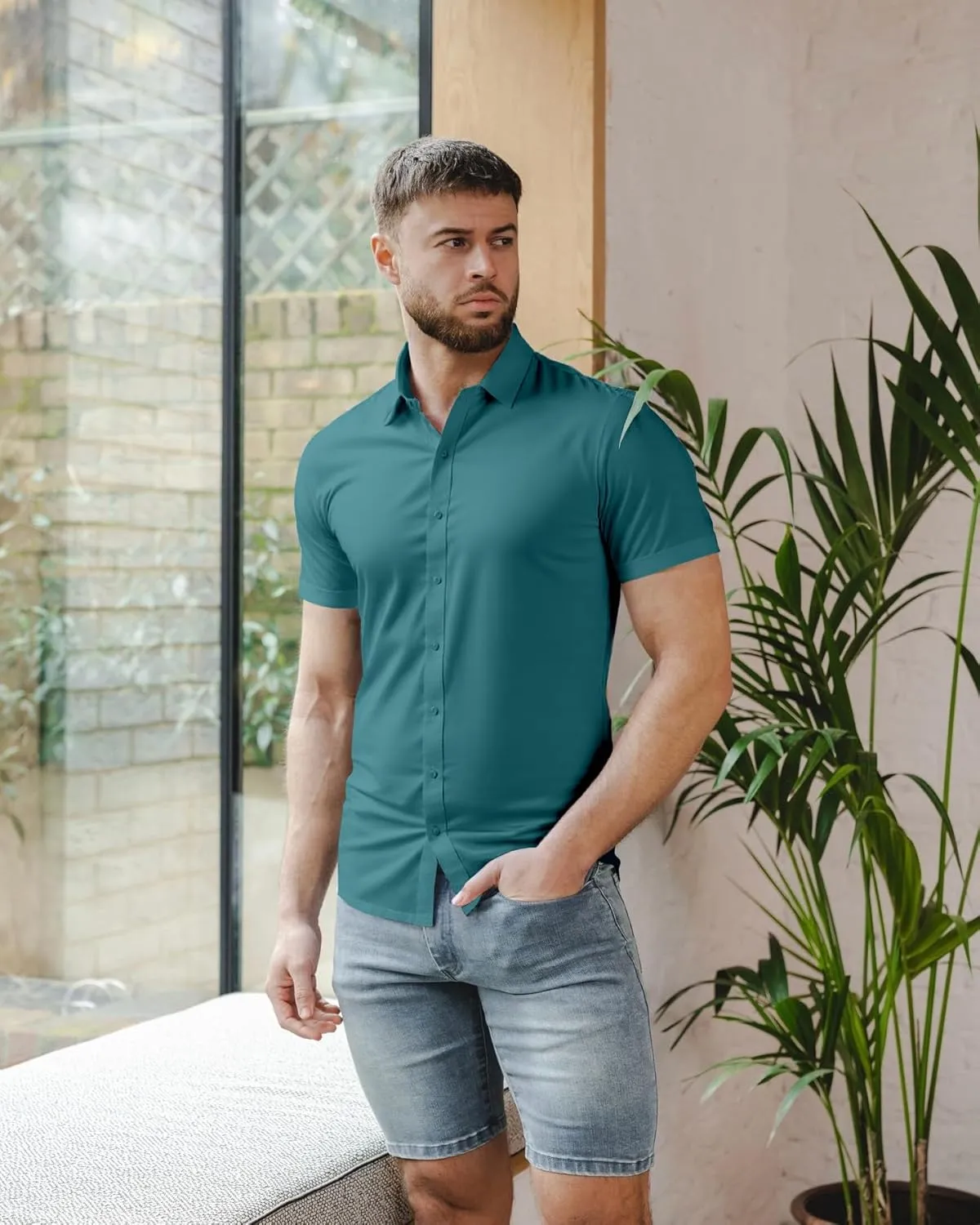 Mens Short Sleeve Dress Shirts Stretch Casual Button Down Shirts Solid Regular Fit Formal Shirt