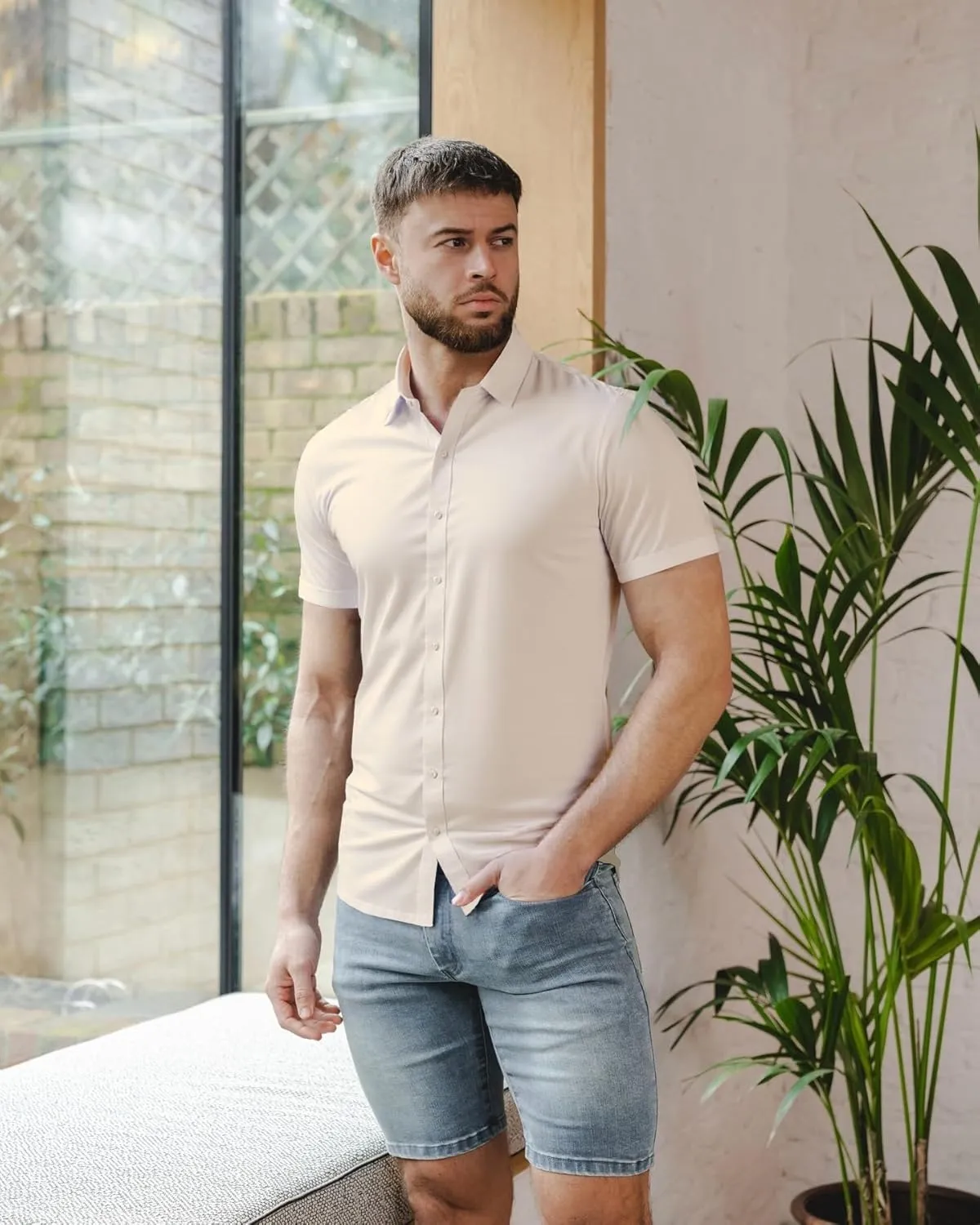 Mens Short Sleeve Dress Shirts Stretch Casual Button Down Shirts Solid Regular Fit Formal Shirt