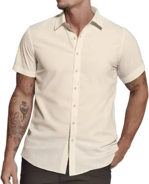 Mens Short Sleeve Dress Shirts Stretch Casual Button Down Shirts Solid Regular Fit Formal Shirt