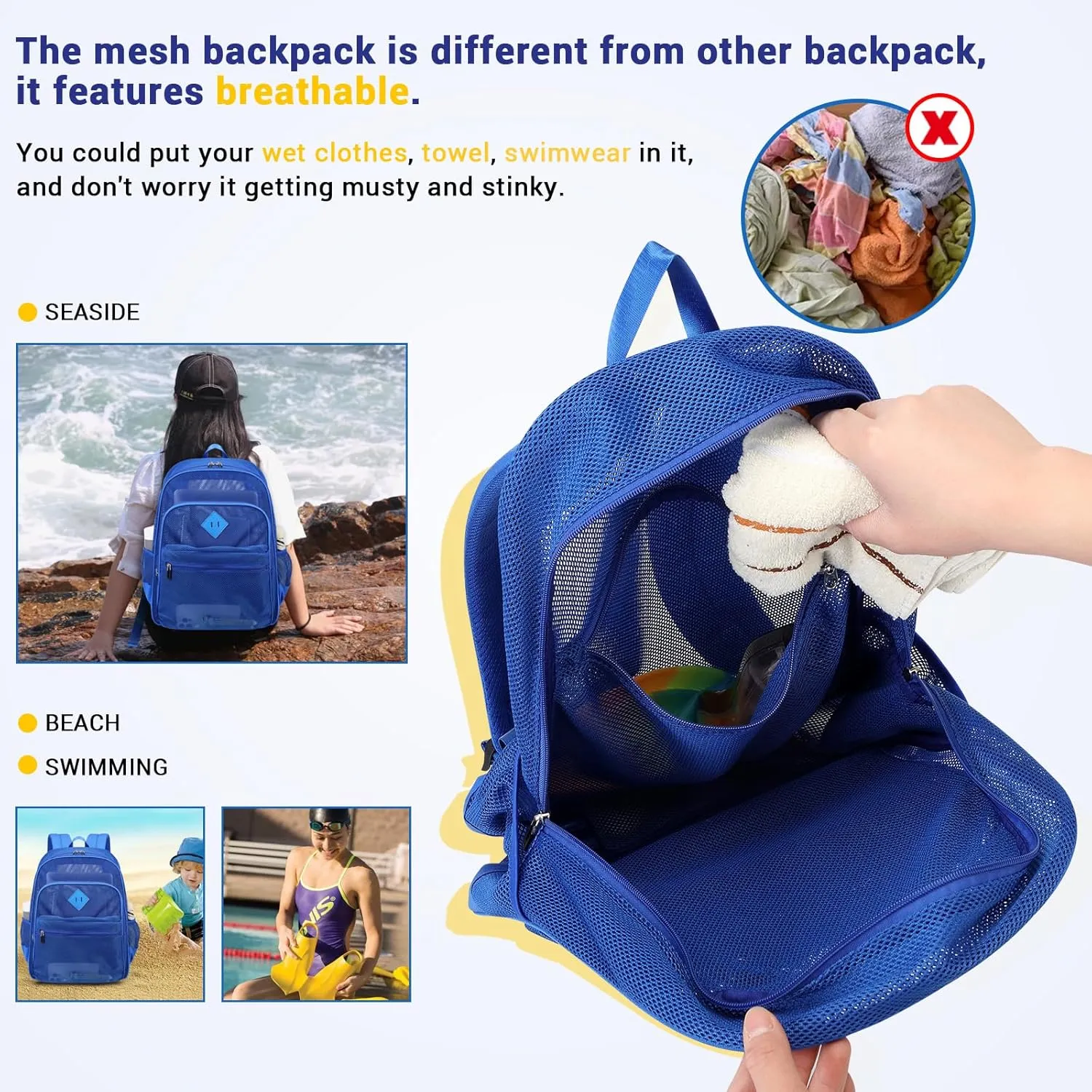 MOONBABY Mesh Backpack Heavy Duty, See Through School Backpack Transparent Bookbag for Swimming, Beach, Sports, Work, Travel