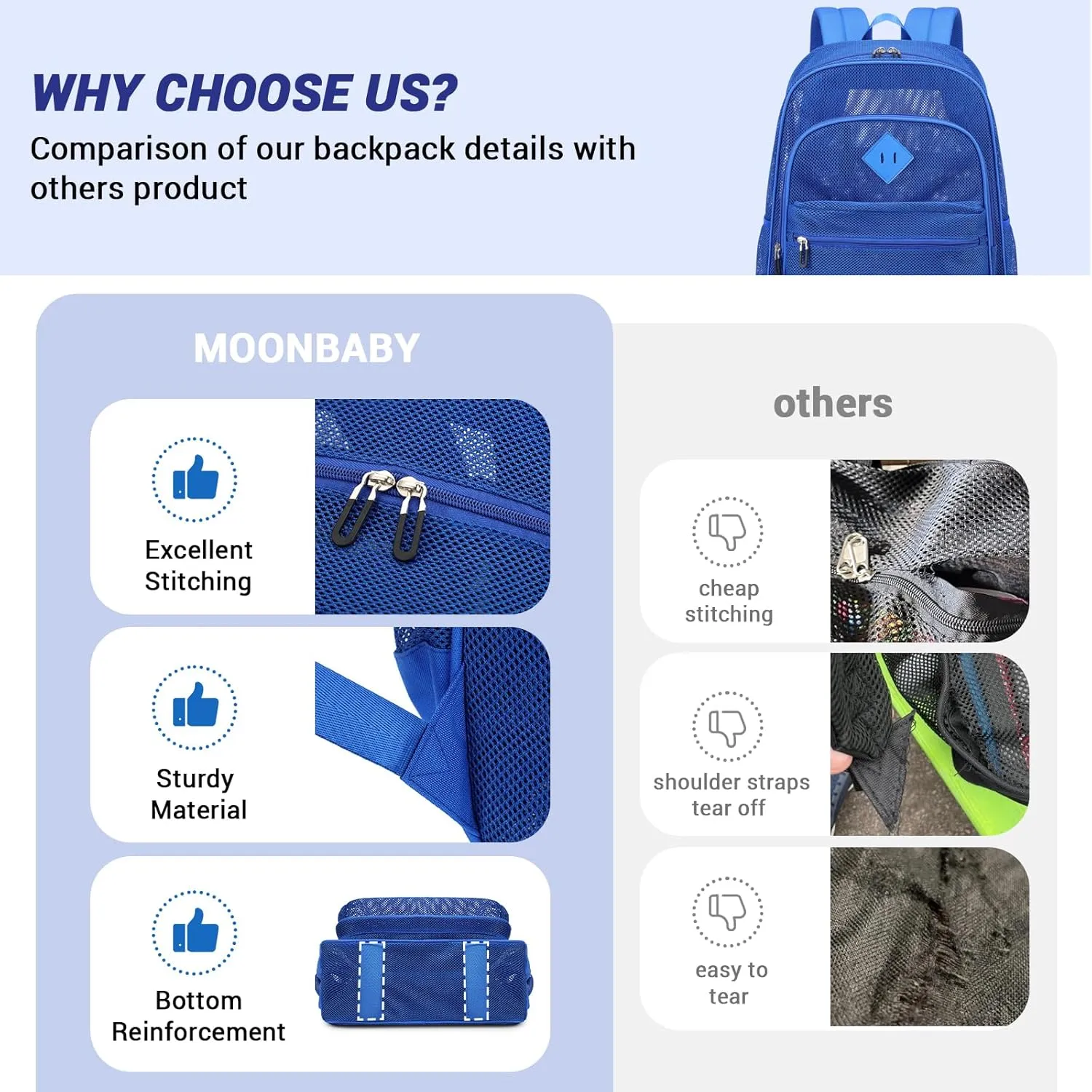 MOONBABY Mesh Backpack Heavy Duty, See Through School Backpack Transparent Bookbag for Swimming, Beach, Sports, Work, Travel