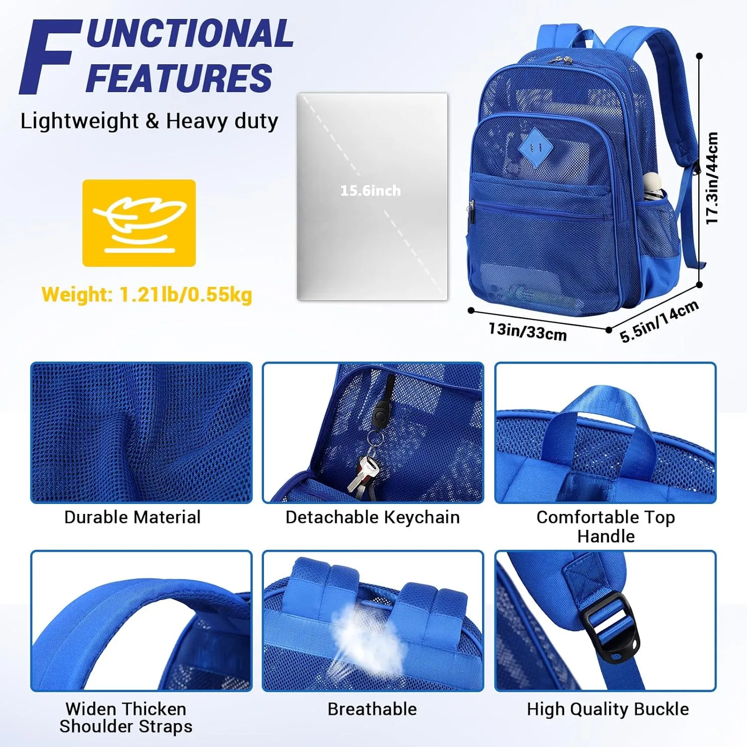 MOONBABY Mesh Backpack Heavy Duty, See Through School Backpack Transparent Bookbag for Swimming, Beach, Sports, Work, Travel