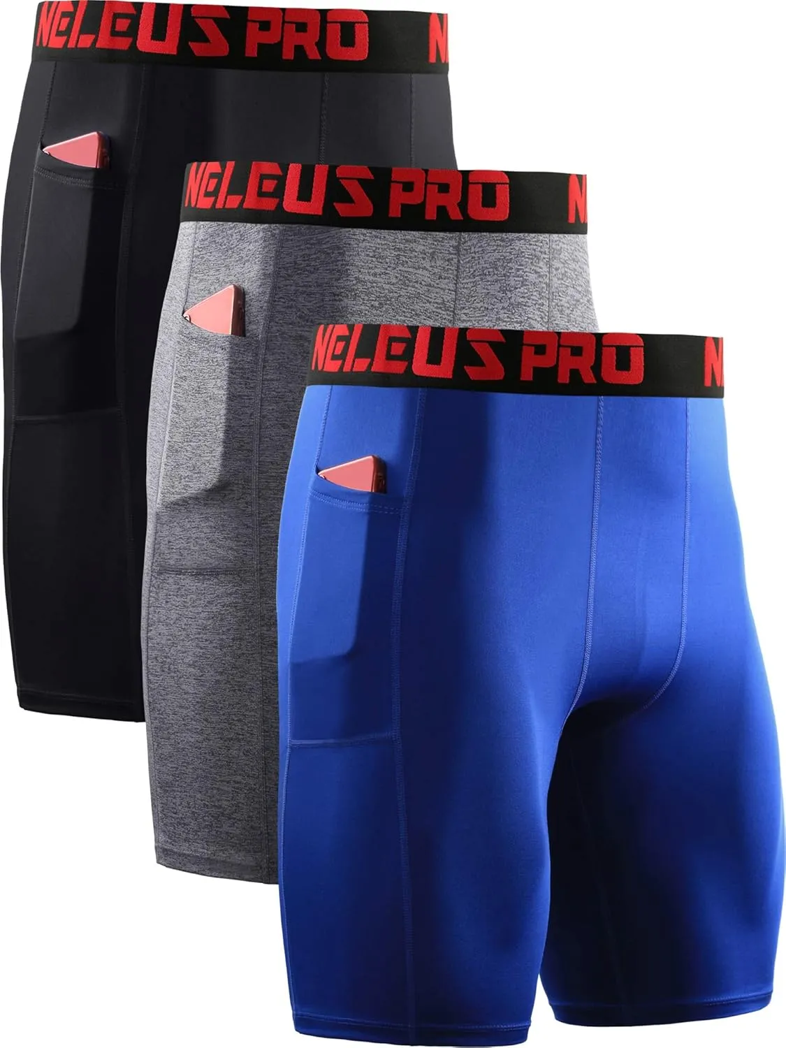 NELEUS Men's 3 Pack Running Compression Shorts with Pockets