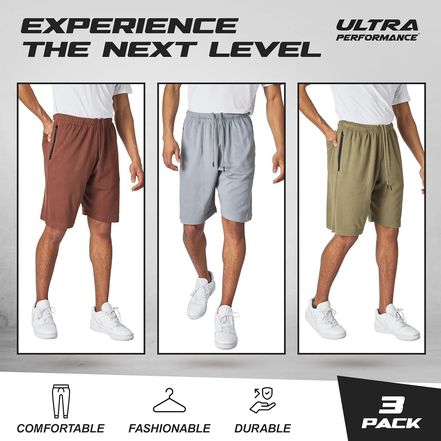 Ultra Performance 3 Pack Mens Shorts Casual Men's Athletic Short Workout Gym Shorts for Men with Zipper Pockets, Small - 5X